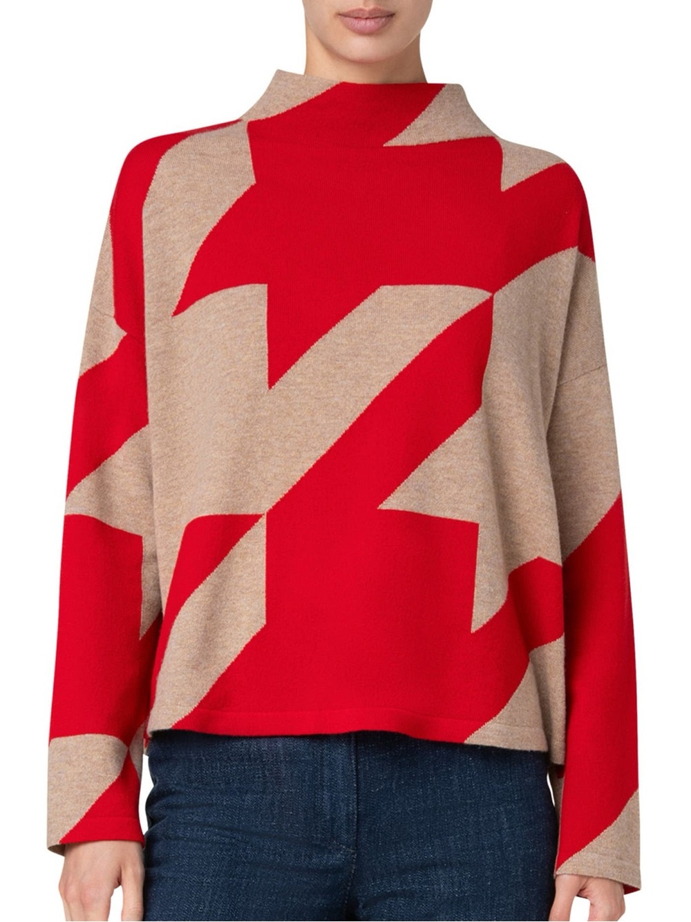 Akris Punto Jacquard Houndstooth Wool Cashmere Sweater Red Tan Size 2
